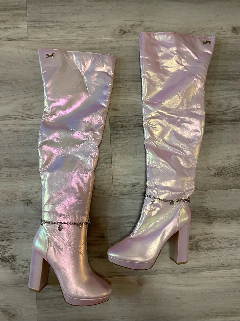 Sparkl Fairy Couture Iridescent Pink Knee-High Block Heel Boots NWT